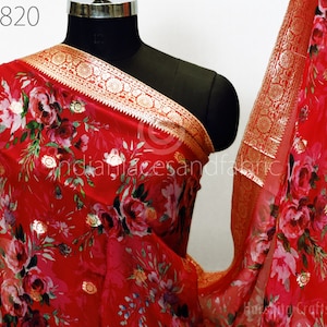 Red Floral Organza Dupatta | Gold Brocade Border | Indian Printed Wedding Scarf | Party Wear Lightweight Dupatta | Women Ethnic Bridal Veil
