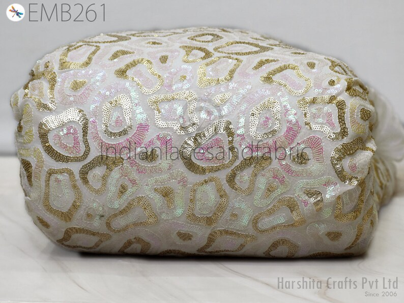 Buy Sequin Embroidery Fabric by the Yard Indian White Online