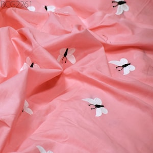 Indian Peach Pink Embroidered Cotton Fabric by the Yard Embroidery Sewing Crafting Nursery Drapery Kids Summer Dresses Skirt Pillowcases