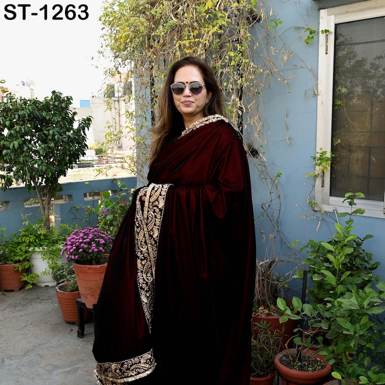 Burgundy Velvet Shawl Dupatta – Embroidered Floral Border Wrap for Bridal, Partywear & Groom Sherwani image 4