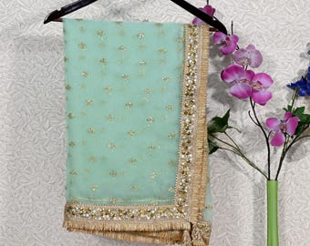 Mint Green Dupatta Silk Organza Gotta Light Weight Indian Bridal Wedding lehenga Chunni Veil Sequin Scarf Dress Costumes Gifts for Women