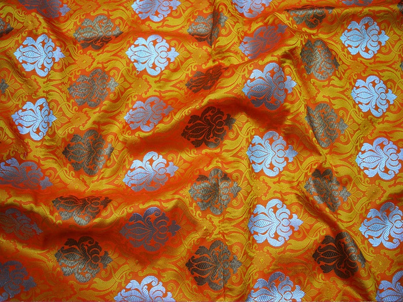 Orange Brocade Fabric Banarasi Brocade Fabric by the Yard Banaras Brocade Art Silk for Wedding Dress
