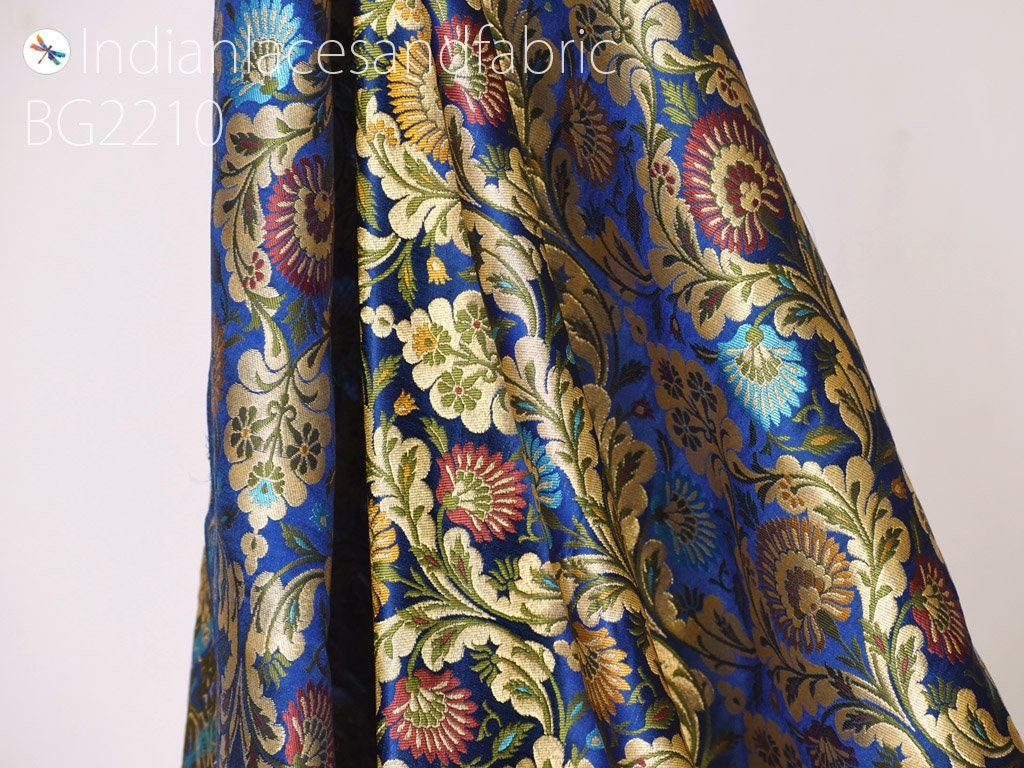 Blue Silk Brocade Fabric By The Yard Banarasi Indian Bridal | Etsy