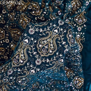 Teal Blue Embroidered Velvet Fabric by the yard Indian Embroidery Wedding Dresses Making Sewing DIY Crafting Costumes Blazers Bags Quilting