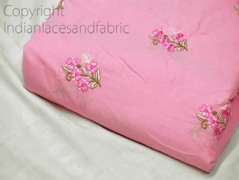 Indian Pink Embroidered Cotton Fabric by the Yard Embroidery Etsy