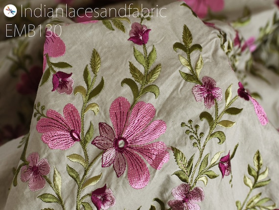 Floral Embroidered Cotton Fabric by the Yard Indian Embroidery