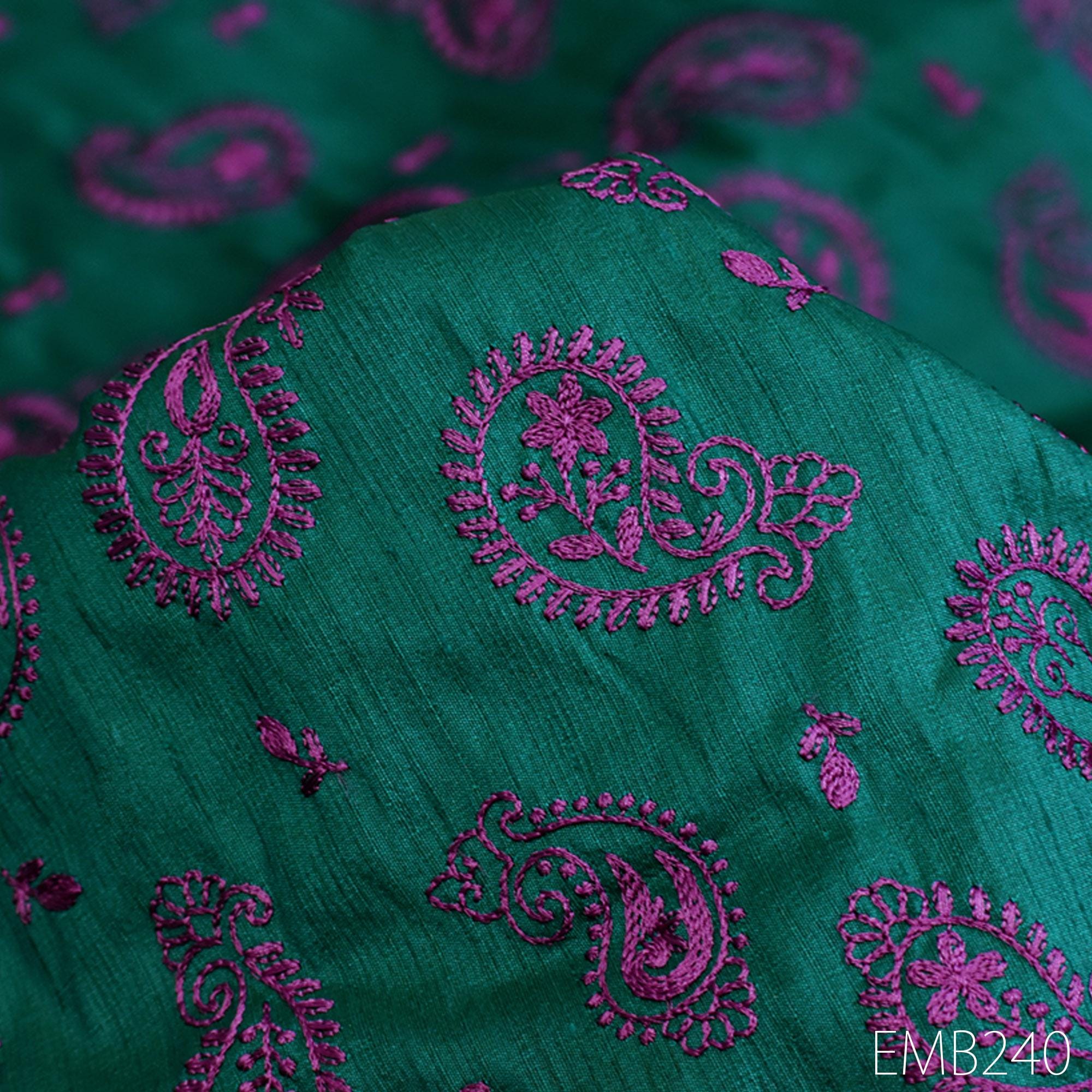 Rama Green Indian Embroidered Paisley Dupioni Fabric Sold by the 