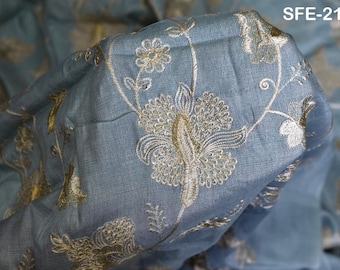 Powder Blue Pure Tussar Silk Embroidered Fabric Indian Embroidery Raw Silk Wild Natural Handmade Fabric Peace Silk Tussah Dress Material