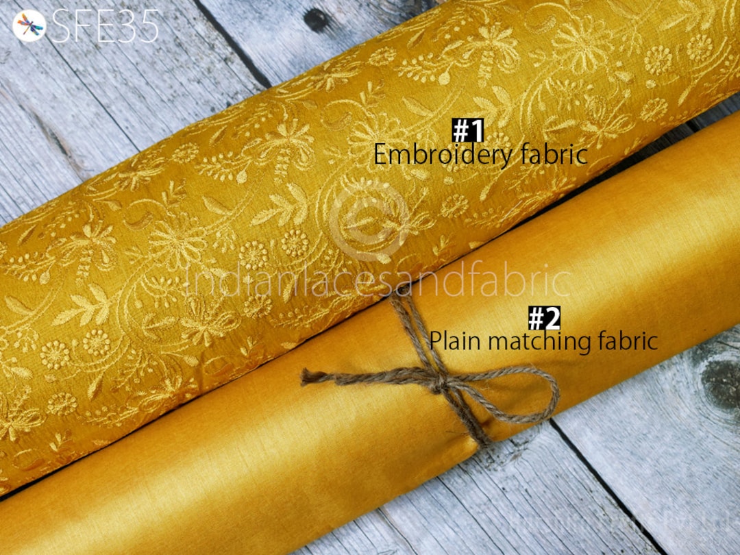 Yellow Pure Tussar Silk Embroidered Fabric by the Yard Indian