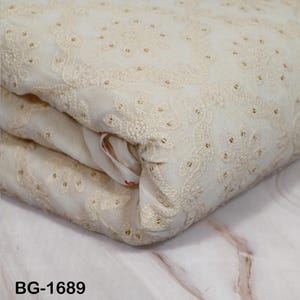 54&#39;&#39; Dyeable Ivory Georgette Sequined Wedding Dress Embroidered Fabric by the Yard Indian Sequin Saree Crafting Sewing Costumes chikankari