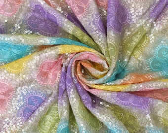 Multi Sequin Embroidery Fabric by the Yard Indian Georgette Saree Embroidered Crafting Sewing Sequined Wedding Dress Costumes Doll Making