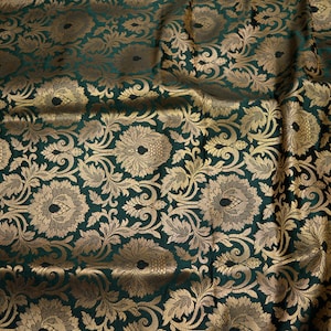 Silk Brocade Fabric Bottle Green Gold Banarasi Blended Silk Brocade Fabric by the Yard Banaras Brocade for Wedding Dress Bridesmaid Lehenga image 2