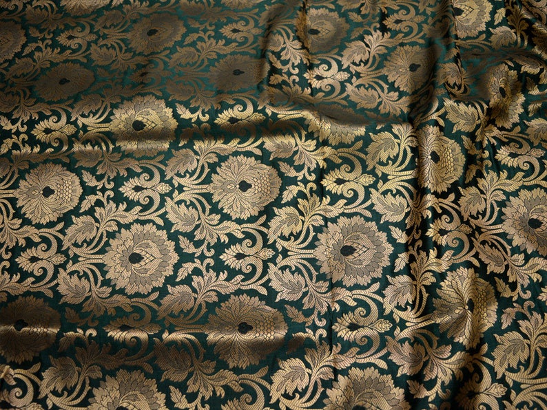 Silk Brocade Fabric Bottle Green Gold Banarasi Blended Silk Brocade Fabric by the Yard Banaras Brocade for Wedding Dress Bridesmaid Lehenga image 2