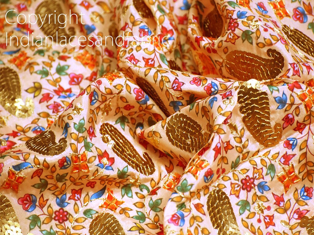 Peach Sequin Embroidery Fabric Indian Saree Embroidered Fabric Etsy