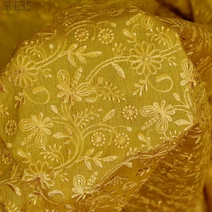Yellow Pure Tussar Silk Embroidered Fabric by the yard Indian Embroidery Raw Silk Wild Natural Handmade Peace Silk Tussah Dress Material