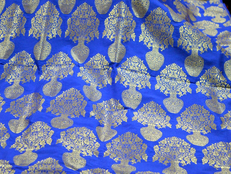 Royal Blue Gold Fabric by the Yard Banarasi Brocade Fabric in - Etsy
