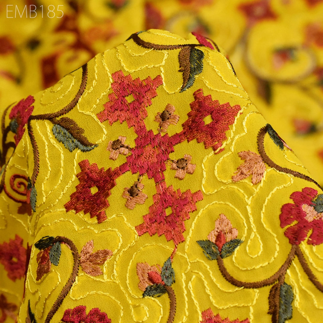 Yellow India Pattern Buy Yellow Indian Embroidered Fabric by the Yard Georgette Embroidery ...