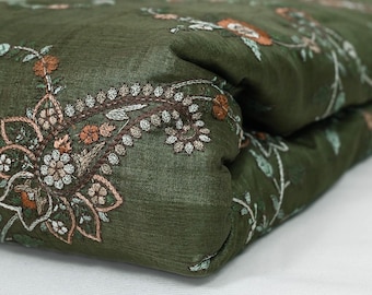 Pure Tussar Silk Embroidered Fabric by yard Indian Green Embroidery Raw Silk Wild Natural Handmade Fabric Peace Silk Tussah Dress Material