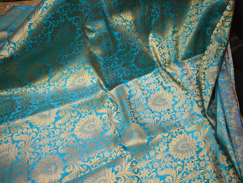 Indian Turquoise Brocade Banarasi Fabric by the Yard Banarasi | Etsy
