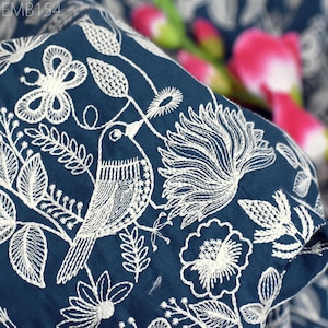 54inch Blue Embroidered Cotton Fabric by Yard Indian Embroidery Sewing Crafting Women Summer Dresses Costumes Tote Bag Home Decor Curtains