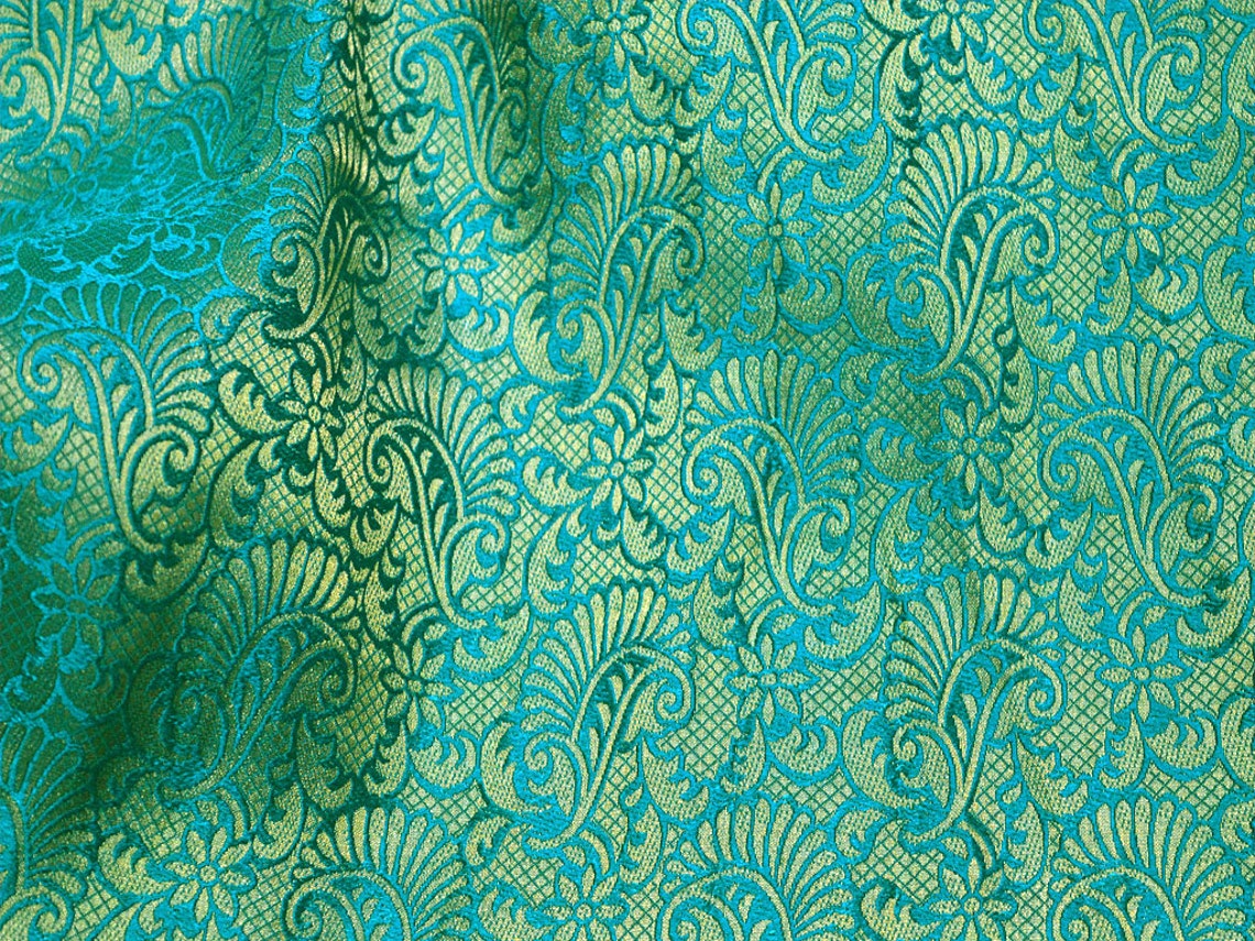Indian Fabrics Peacock Green and Gold Brocade Fabric in Flower Etsy