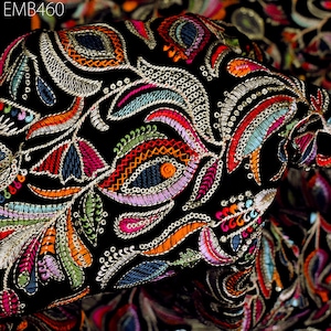 Black Indian Embroidered Velvet Fabric by the yard Sewing DIY Crafting Wedding Dress Costumes Doll Bags Cushion Covers Table Runner Quilting