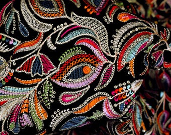 Black Indian Embroidered Velvet Fabric by the yard Sewing DIY Crafting Wedding Dress Costumes Doll Bags Cushion Covers Table Runner Quilting