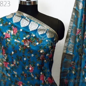 Teal Floral Organza Dupatta | Gold Brocade Border | Indian Printed Wedding Scarf | Party Wear Lightweight Dupatta | Women Ethnic Bridal Veil