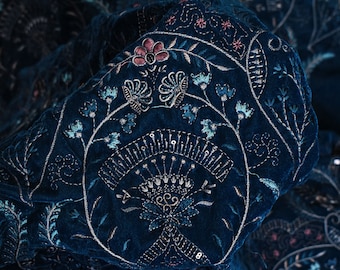 Teal Blue Indian Embroidered Velvet Fabric by the yard Sewing DIY Crafting Wedding Dress Costumes Bags Cushion Covers Table Runner Quilting