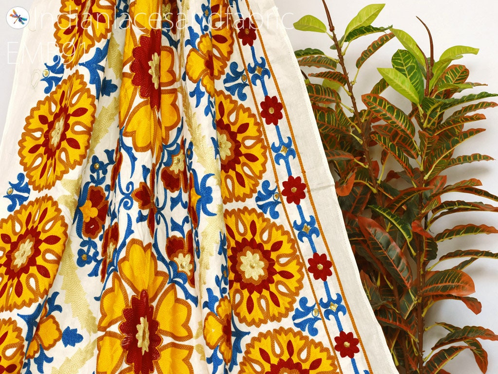 Yellow Embroidered Fabric Indian Embroidery Cotton Fabric by Etsy