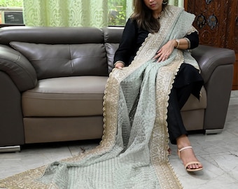 Mint Green Organza Designer Dupatta Women Bridal Wedding lehenga Chunni/Veil Beads Sequin Scarf Indian Ethnic Dress Stole Gift Bridesmaid