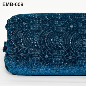 Teal Blue Indian Embroidered Velvet Fabric by the yard Sewing DIY Crafting Wedding Dress Costumes Full Length Coats Shift Dresses Quilting