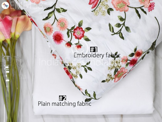 Floral Embroidered Cotton Fabric by the Yard Indian Embroidery Sewing DIY  Crafting Women Summer Dresses Costumes Tote Bag Home Decor Curtain 