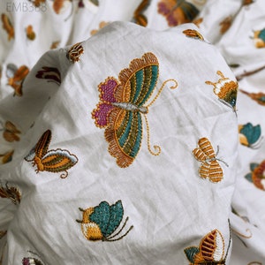 Indian Embroidery Butterflies Cotton Fabric by the Yard Sewing Embroidered Summer Dresses Costumes Dolls Bags Cushion Covers Table Runners