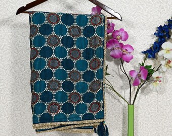 Blue Embroidered Dupatta – 2.4 m Chinon Chiffon Wrap with Gold Sequin Work | Wedding Shawl | Indian Ethnic Bridal Veil Scarf | Gift a Women