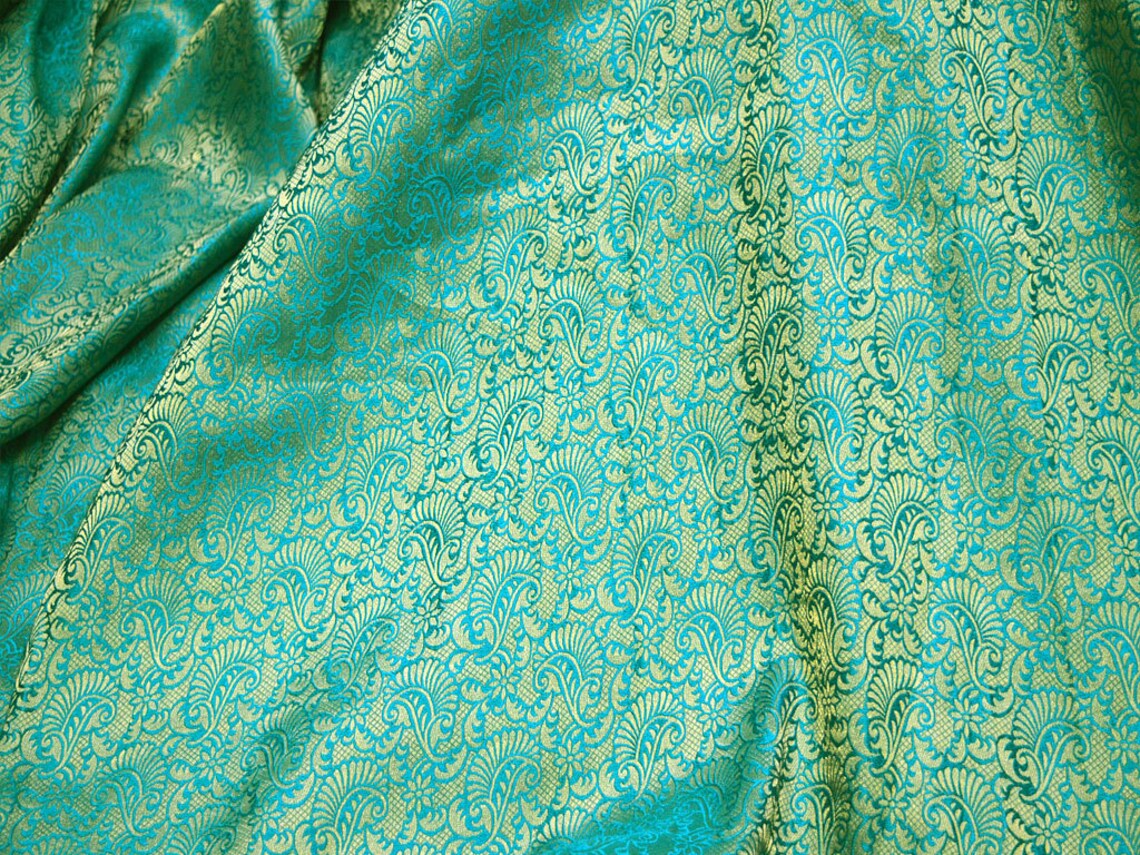 Indian Fabrics Peacock Green and Gold Brocade Fabric in Flower Etsy