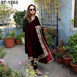 Burgundy Velvet Shawl Dupatta – Embroidered Floral Border Wrap for Bridal, Partywear & Groom Sherwani image 5