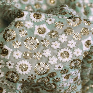 Mint Indian Embroidered Fabric by the Yard Soft Georgette Embroidery Sewing Curtain Crafting Summer Women Dress Material Drapery Home Decor