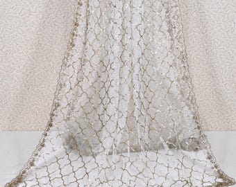 Gold Embroidered Dyeable Dupatta Net Sequin, Light Weight Stole, Indian Bride Wedding Lehenga Veil, Women Haldi Dress Chunni Scarf, Gift Her