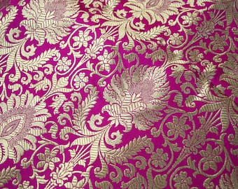 Silk Brocade Banarasi Blended Silk Brocade Fabric by the Yard Banarasi Brocade Silk Magenta Gold Weaving for Wedding Dress Indian Brocade