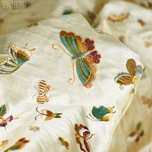 Indian Embroidered Butterflies Dupioni Fabric by the Yard Sewing Crafting Wedding Dresses Costumes Dolls Bags Cushion Covers Table Runners
