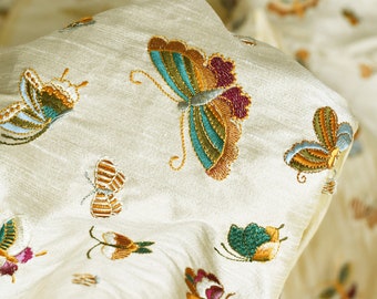 Indian Embroidered Butterflies Dupioni Fabric by the Yard Sewing Crafting Wedding Dresses Costumes Dolls Bags Cushion Covers Table Runners