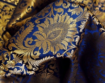 Navy Blue Gold Weaving Brocade Banarasi Indian Blended Silk Wedding Dress Fabric By The Yard Home Decor Table Runner Cushion Covers Brocade