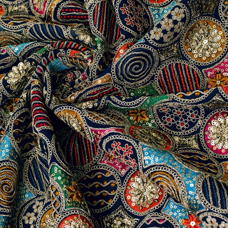 Blue Sewuin Pattern Indian Embroidered Fabric by the Yard Georgette Blue Embroidery Sewing ...