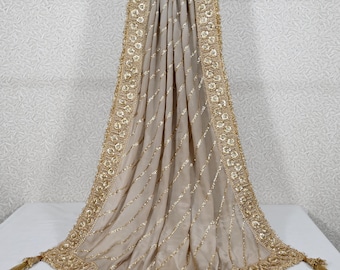 Beige Dupatta Women Chiffon Bridal Veil Handmade Wedding lehenga Heavy Chunni Gota Patti Sequin Scarf Indian Dress Gift Her Bridesmaid