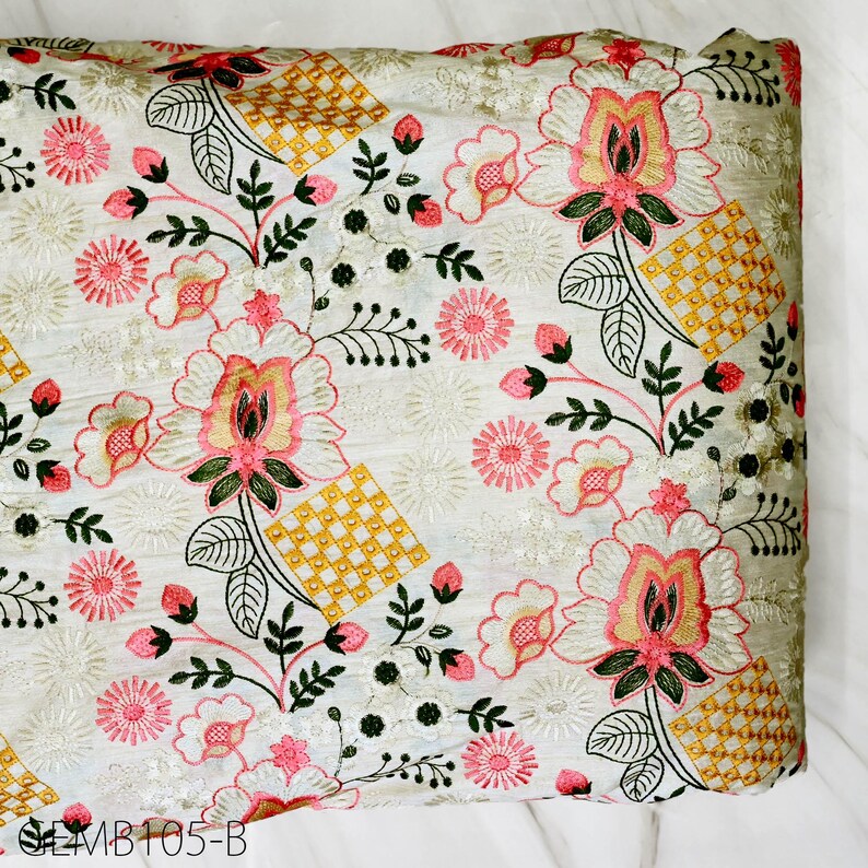 Buy Floral Cream Embroidered Fabric by the Yard Sewing DIY Crafting