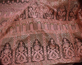 Peach Sequin Net Embroidery Fabric Indian Saree Embroidered Fabric by the Yard Crafting Sewing Sequined Wedding Dress Costumes Doll Making