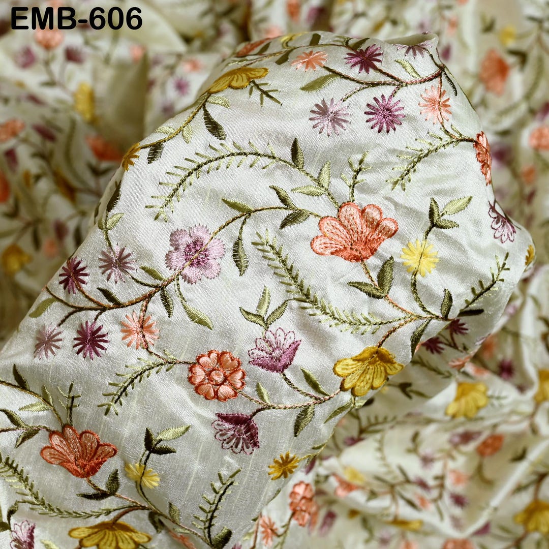 Cream Embroidered Fabric by the Yard Sewing Crafting Indian Embroidery ...