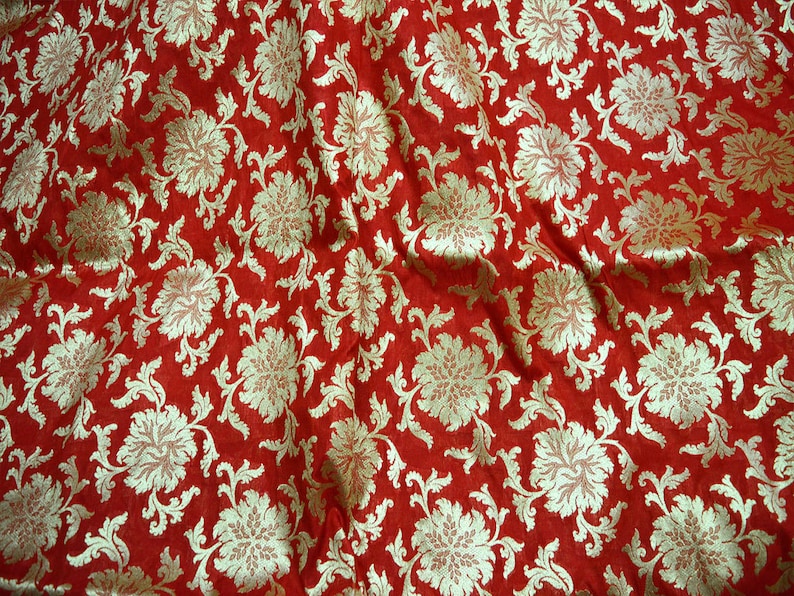 Indian Fabric Banarasi Red Silk Brocade Fabric Dress Material for Weddings by the yard Banaras blended Silk Fabric Remnant