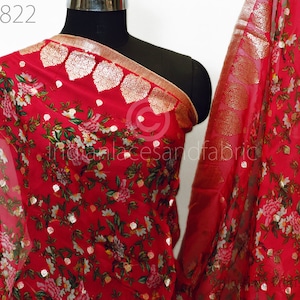 Red Floral Organza Dupatta | Gold Brocade Border | Indian Printed Wedding Scarf | Party Wear Lightweight Dupatta | Women Ethnic Bridal Veil